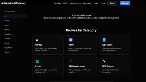 Antigravity AI Directory application interface and features