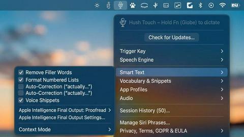 Hush Touch | Voice-to-Text for MacOS application interface and features