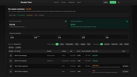 Receipt Taxer application interface and features