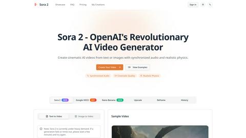 Sora 2 - Cinematic AI Video Generator with realistic physics application interface and features