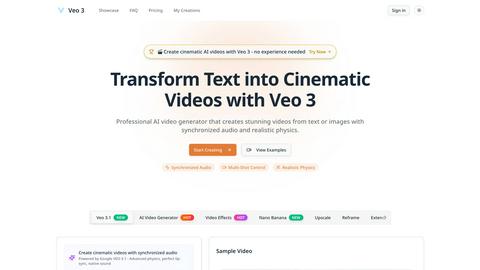 Veo 3 - Cinematic AI Video Generator with Realistic Physics application interface and features