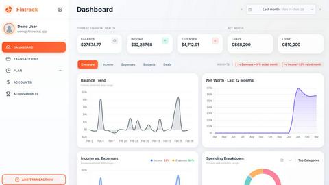 Fintrack application interface and features