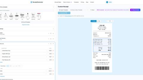 Receipt Generator application interface and features